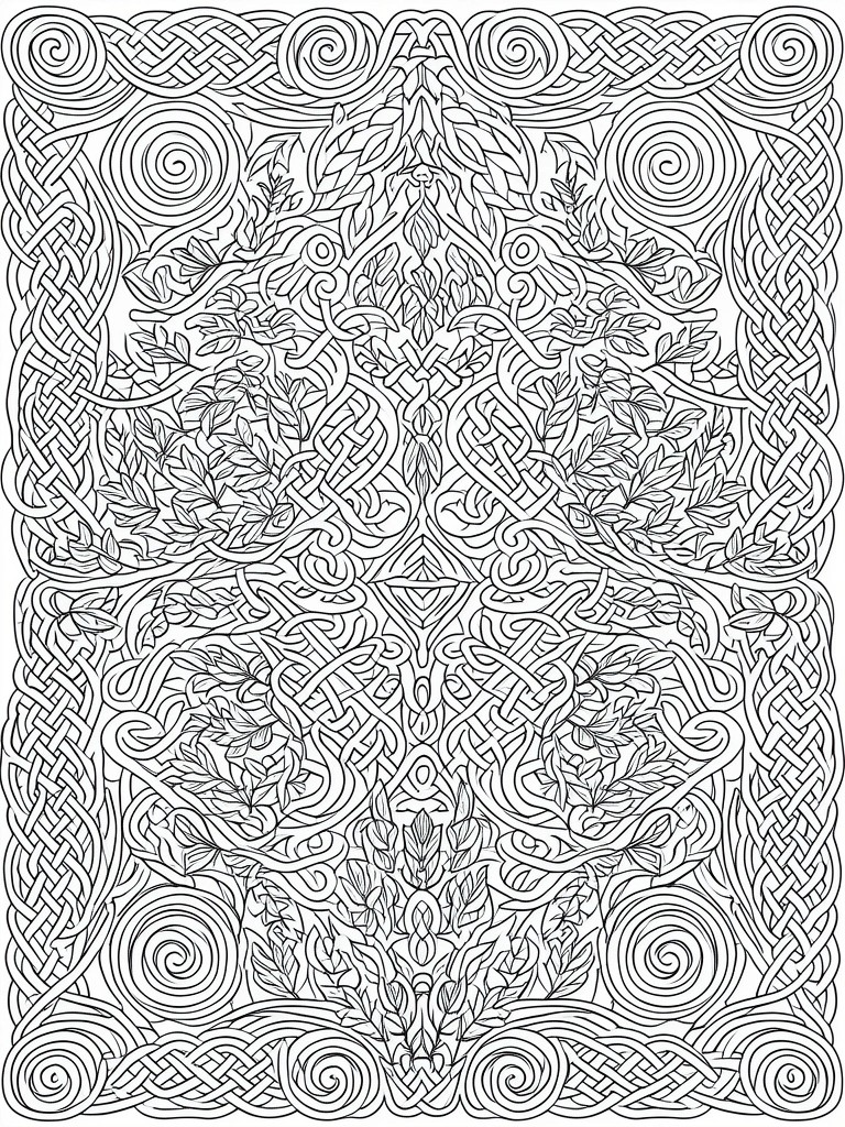 A black and white coloring page with intricate Celtic knots, spirals, and leafy vines in a symmetrical rectangular design.