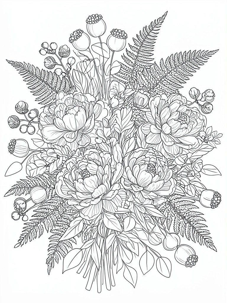 Black and white line drawing of peony bouquet with ferns and berries