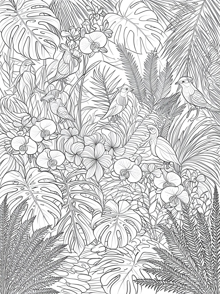 A black and white line drawing of a dense jungle filled with monstera leaves, orchids, ferns, and multiple birds perched among the plants.