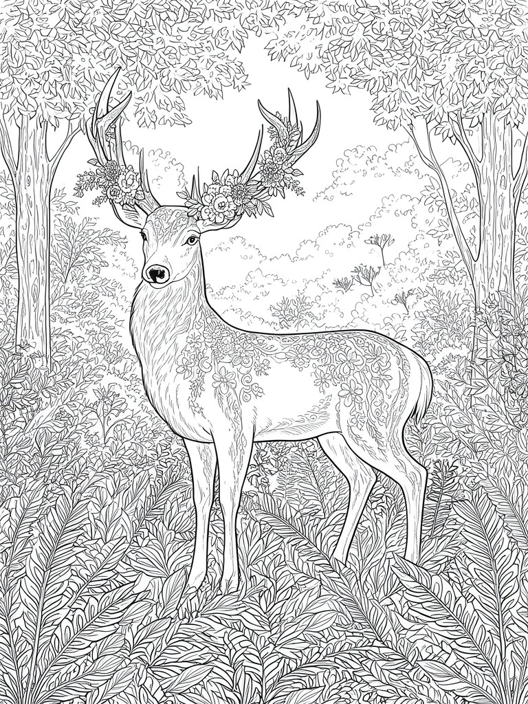 A black and white line drawing of a deer with flowers on its antlers standing among trees and dense foliage.