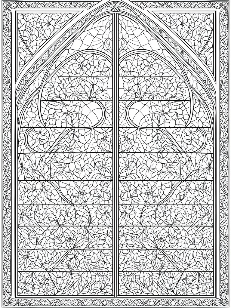 A black and white line drawing of a tall arched double window filled with flowers, leaves, and stained glass style sections.