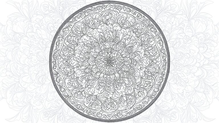 Intricate black-and-white mandala with layered floral petals, leaves, and swirls.