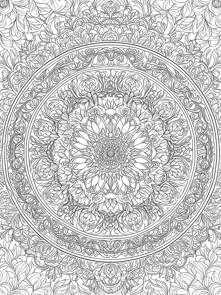 Intricate black-and-white mandala with layered floral petals, leaves, and swirls.