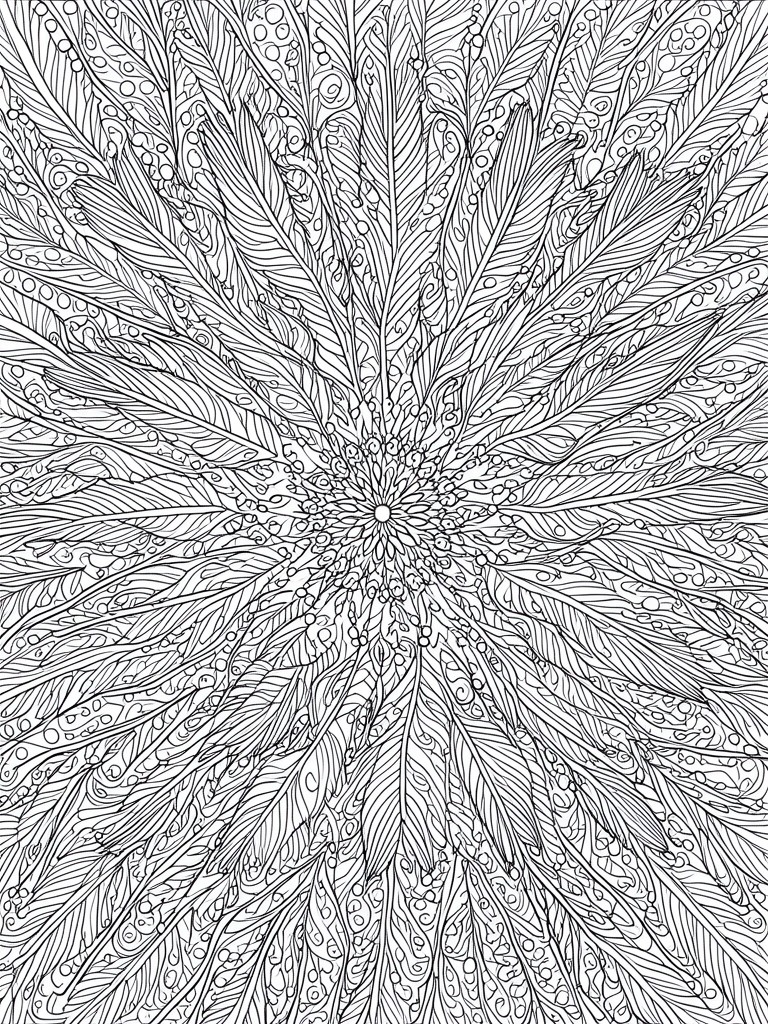 A black and white coloring page of a symmetrical mandala made from detailed feather patterns radiating from the center.