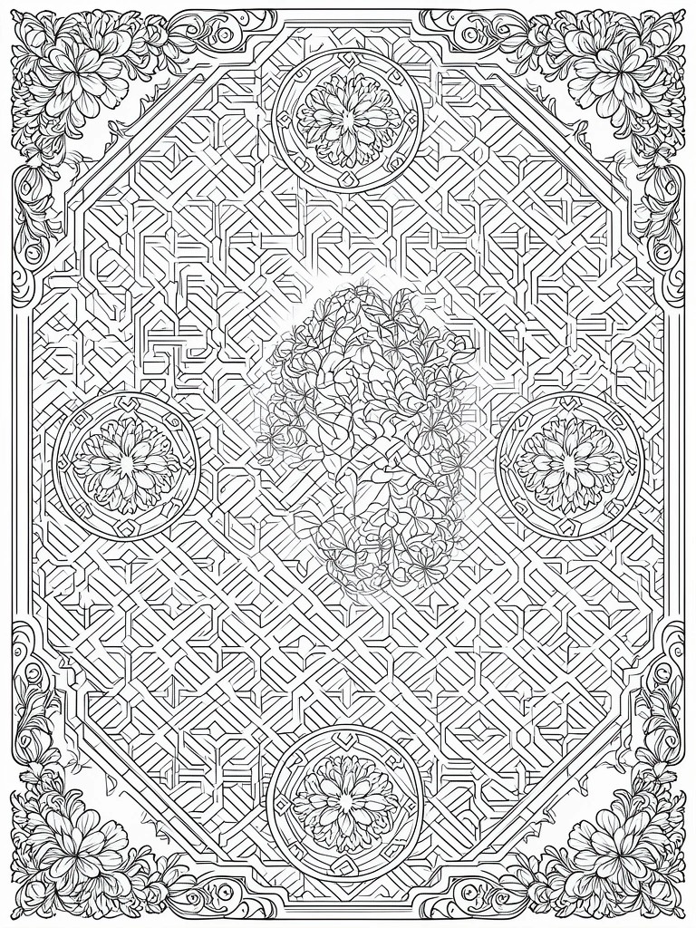 Intricate black-and-white floral mandala with geometric lattice patterns and circular medallions
