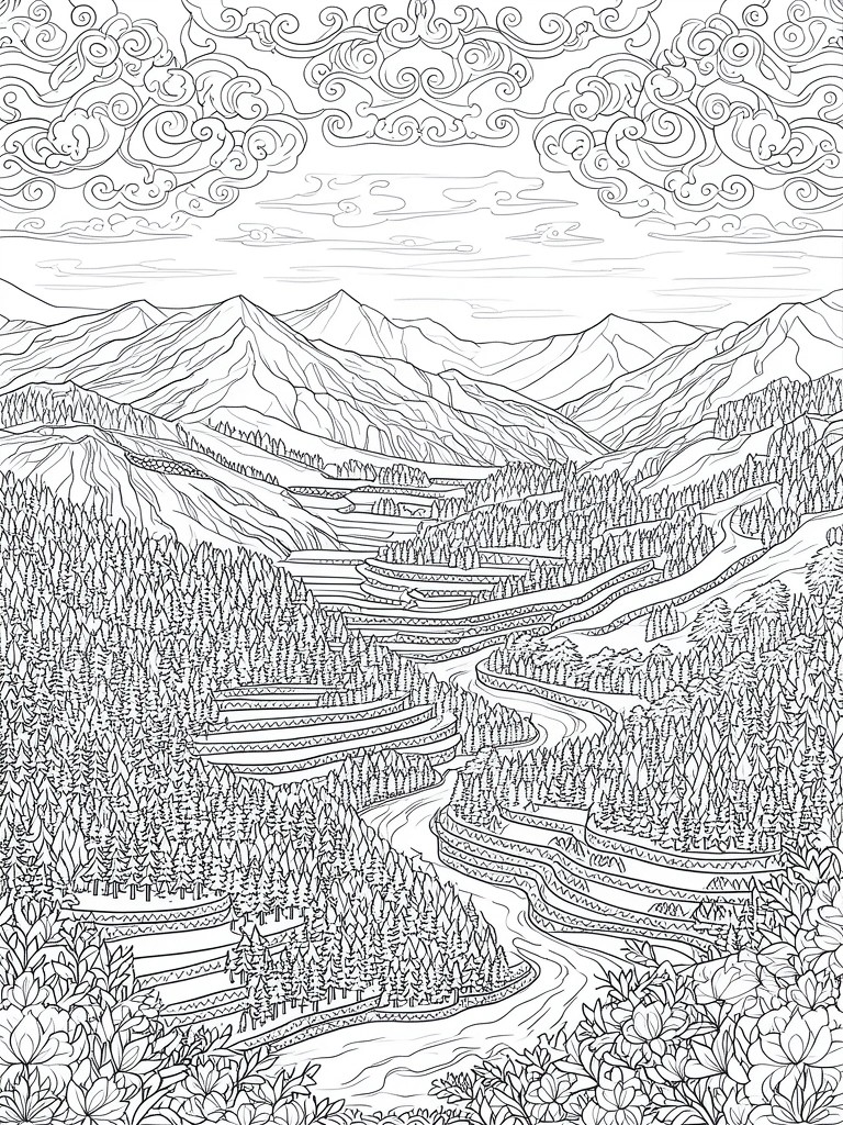 Line art of terraced mountains, forests, winding river, and ornate clouds.