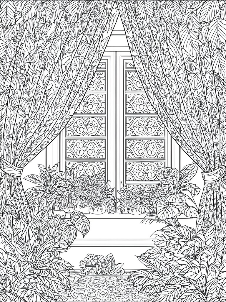 Detailed line art of ornate window with tied curtains and potted plants
