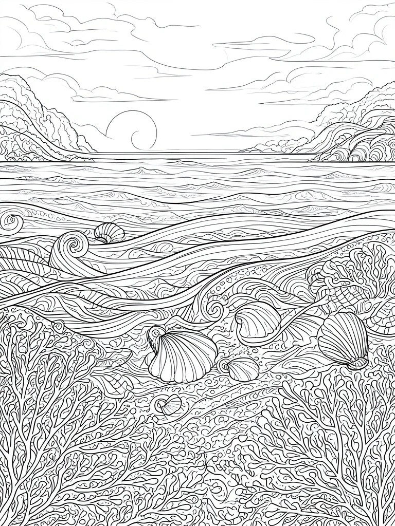 Black and white line art of ocean waves, seashells, coral, and sun.