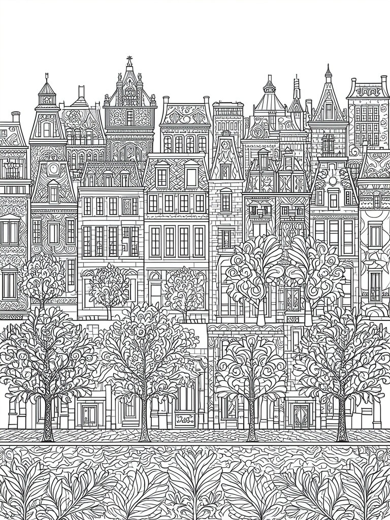 Black and white line drawing of ornate multi-story buildings with trees in front.