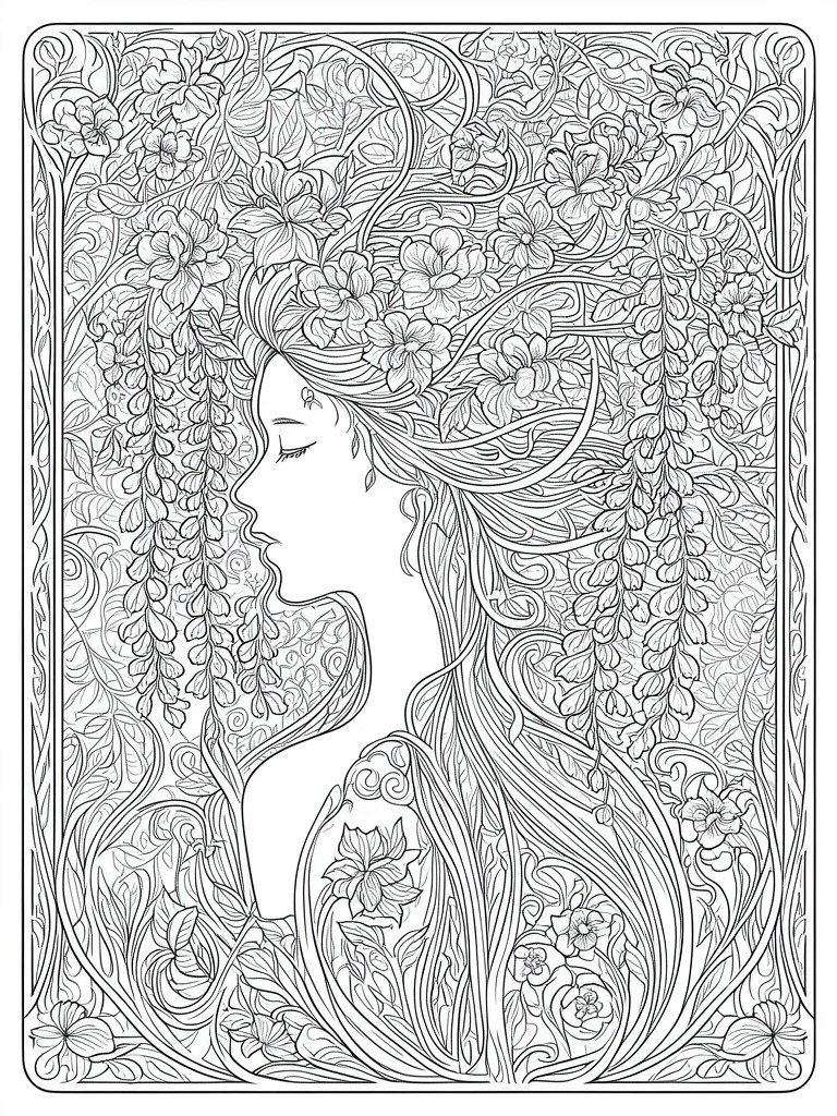 Ornate black and white line art of a woman's floral profile with flowing vines.