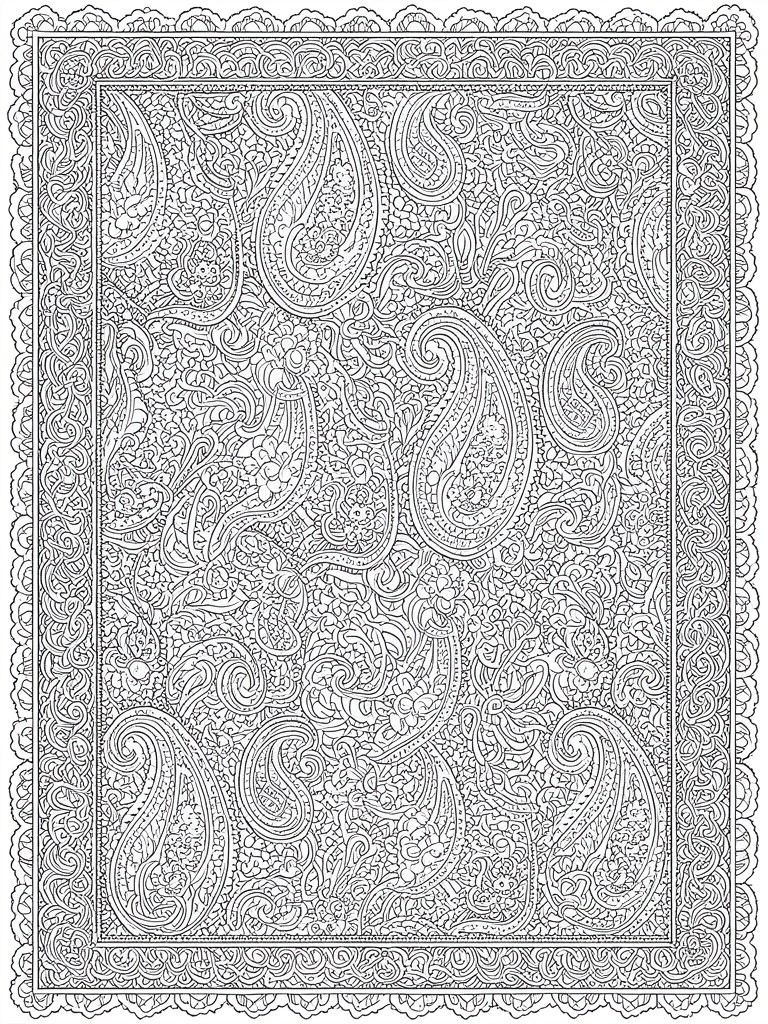 Intricate black-and-white paisley floral pattern with ornate borders and swirls.