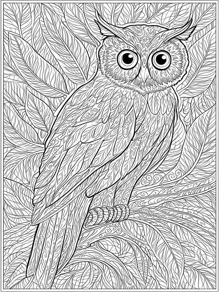 A black and white line drawing of a detailed owl with patterned feathers perched on a branch surrounded by leaves.