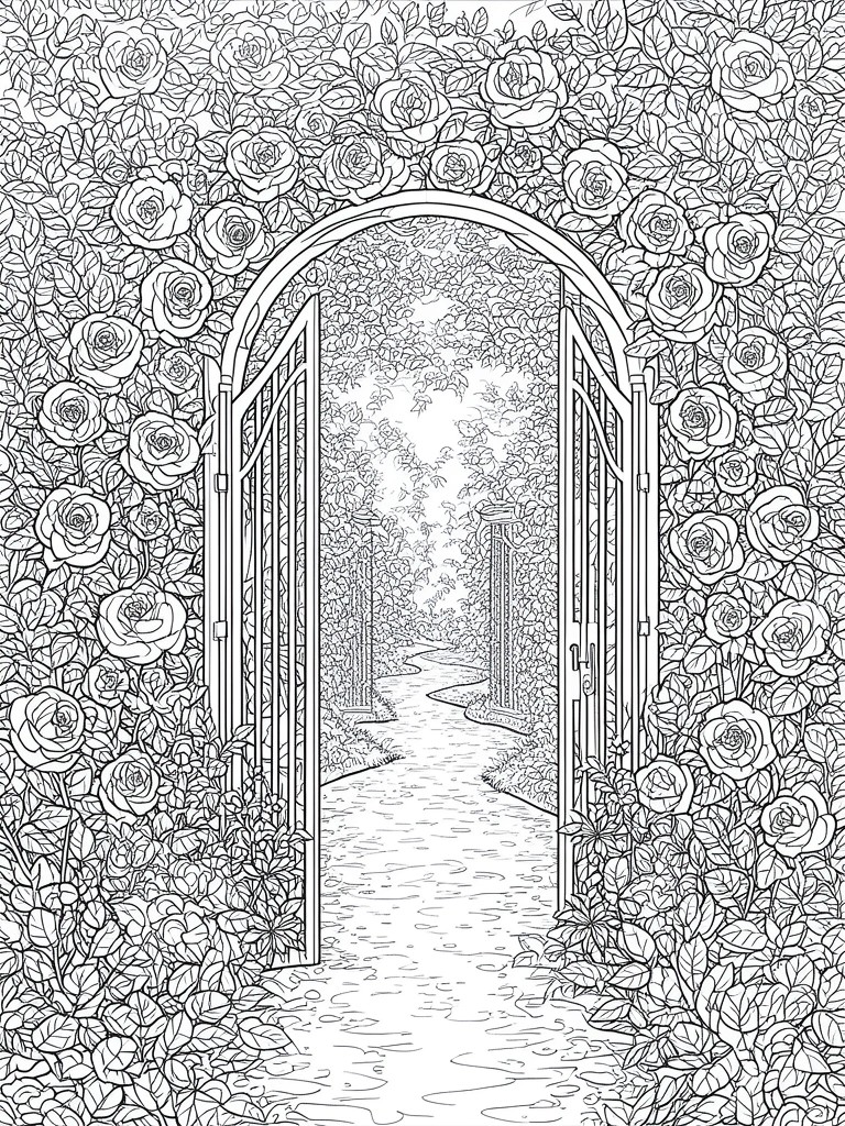 A black and white line drawing of an arched garden gate covered in roses with open doors and a path leading between pillars.