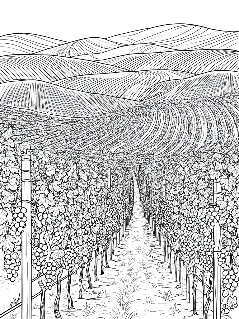 A black and white line drawing of a vineyard with rows of grapevines on either side of a central path leading toward rolling hills.
