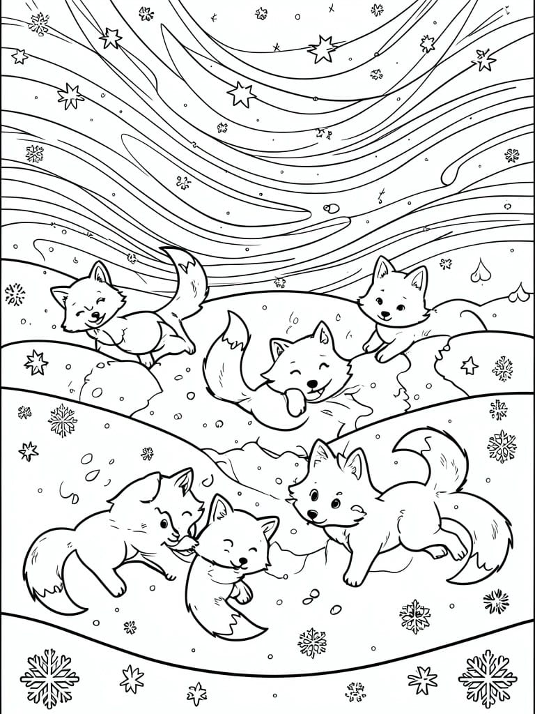 Coloring page of five playful foxes in snowy landscape under starry sky