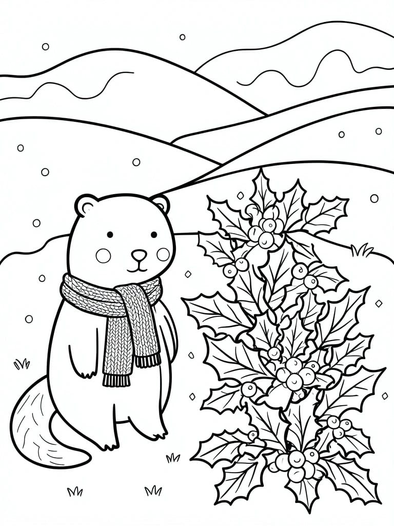Line drawing of a bear wearing a scarf standing next to holly bushes in a snowy landscape with hills.