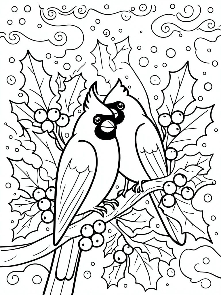 Two cardinals perched on holly branch with berries and leaves