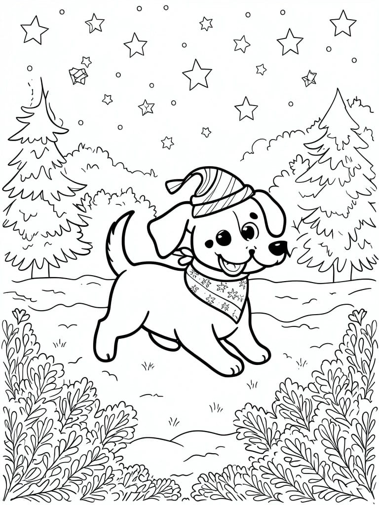 A black and white coloring page shows a dog wearing a hat and scarf running through snow with trees and stars in the background.