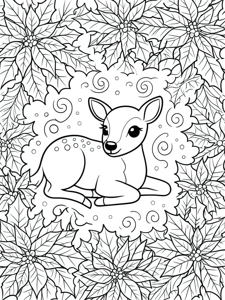 Coloring page of a fawn lying down surrounded by poinsettia flowers and holly leaves with swirls and dots.