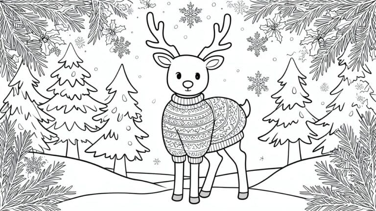 A black and white coloring page shows a reindeer in a patterned sweater standing in a snowy forest with pine trees, snowflakes, and holly borders.