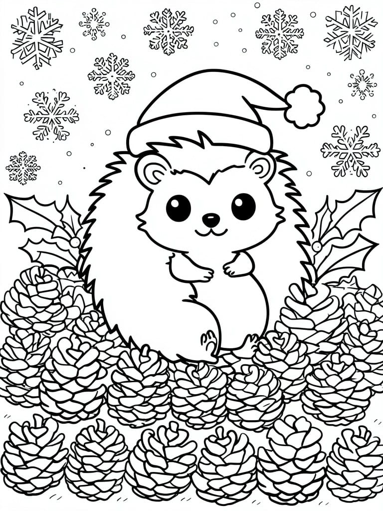 A black and white coloring page shows a cartoon hedgehog in a Santa hat sitting among pinecones with holly leaves and snowflakes in the background.