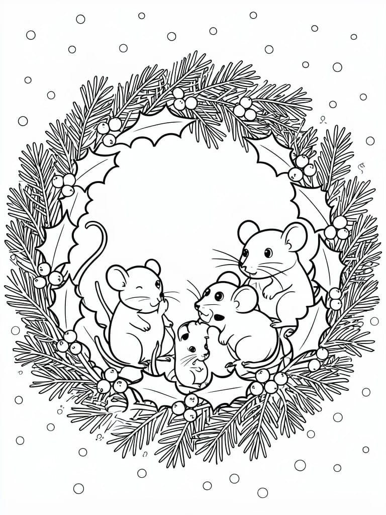 Coloring page of four mice inside a circular Christmas wreath decorated with holly, berries, and pine branches.