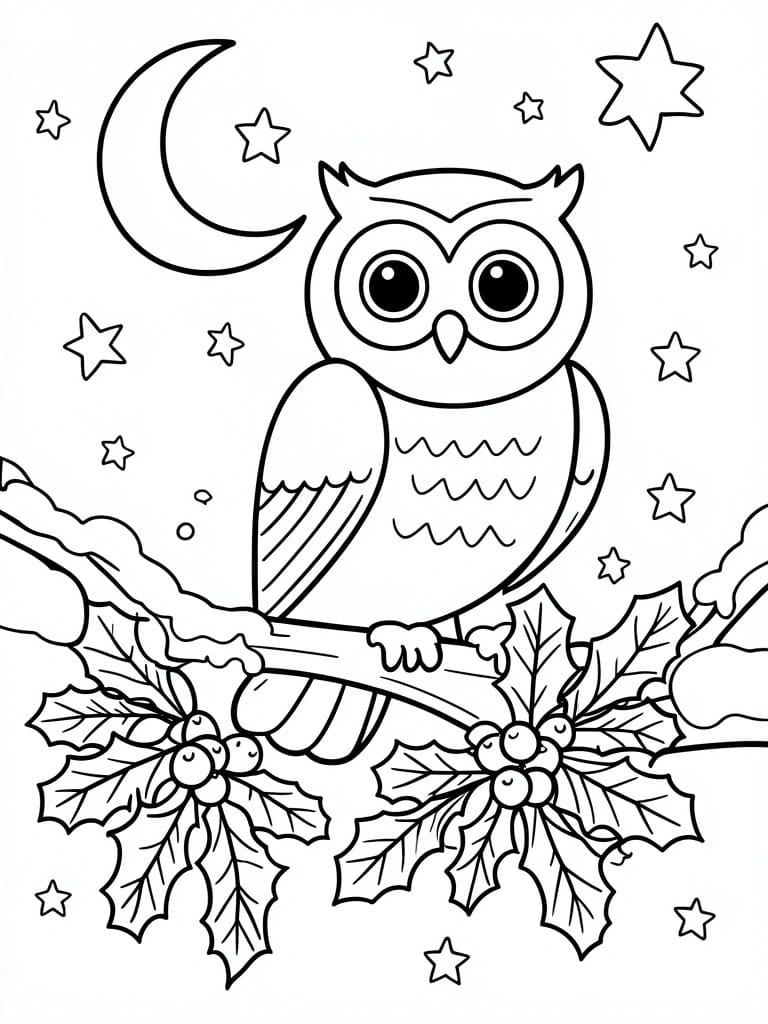 Cartoon owl on snowy holly branch under crescent moon with stars