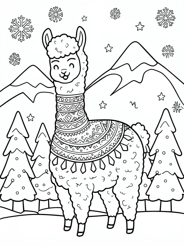 A black and white coloring page shows a llama with patterned blanket and fur standing in front of mountains and trees, with snowflakes and stars above.