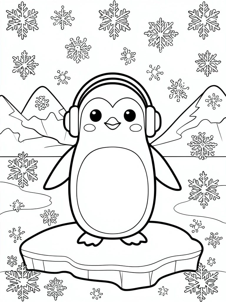A black and white line drawing shows a penguin wearing headphones standing on an ice floe with snowflakes and mountains in the background.