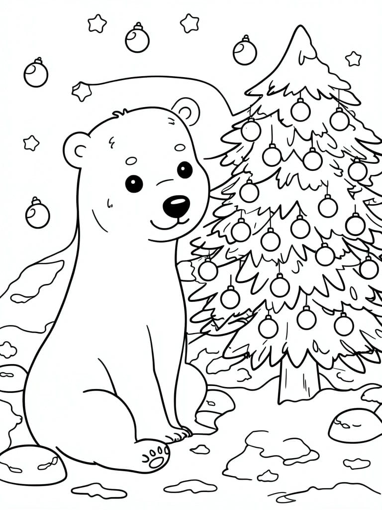 A black and white coloring page shows a polar bear sitting in the snow next to a Christmas tree decorated with round ornaments.