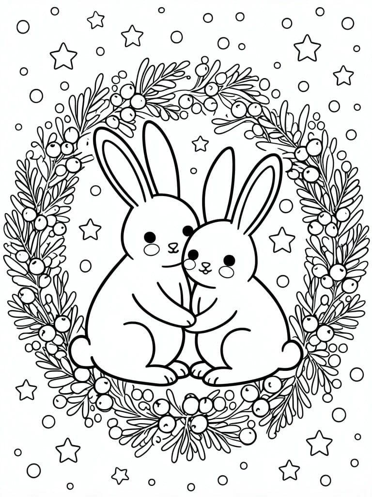 Two rabbits hugging inside a berry wreath with scattered stars and dots