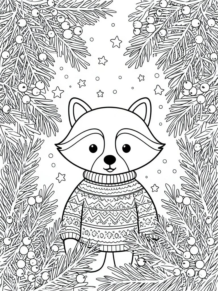 A coloring page shows a raccoon in a patterned sweater standing among pine branches with berries and stars scattered above.