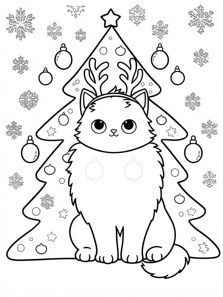 Adorable cat with reindeer antlers before a decorated Christmas tree amid snowflakes.
