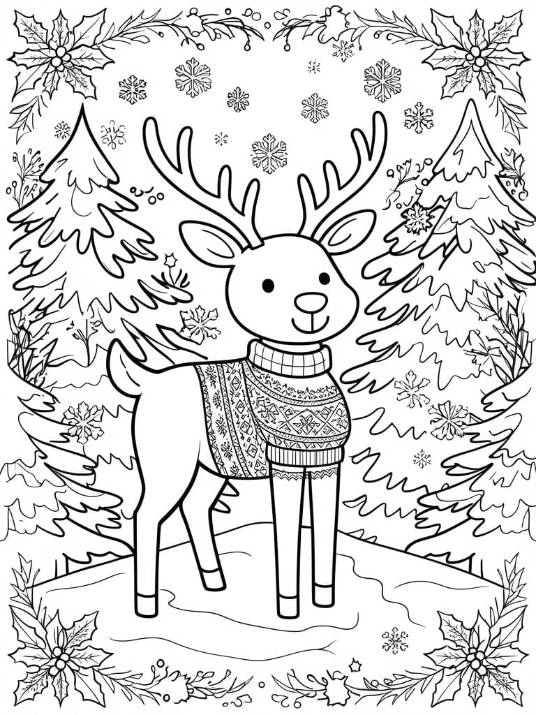 A black and white coloring page shows a reindeer in a patterned sweater standing in a snowy forest with pine trees, snowflakes, and holly borders.