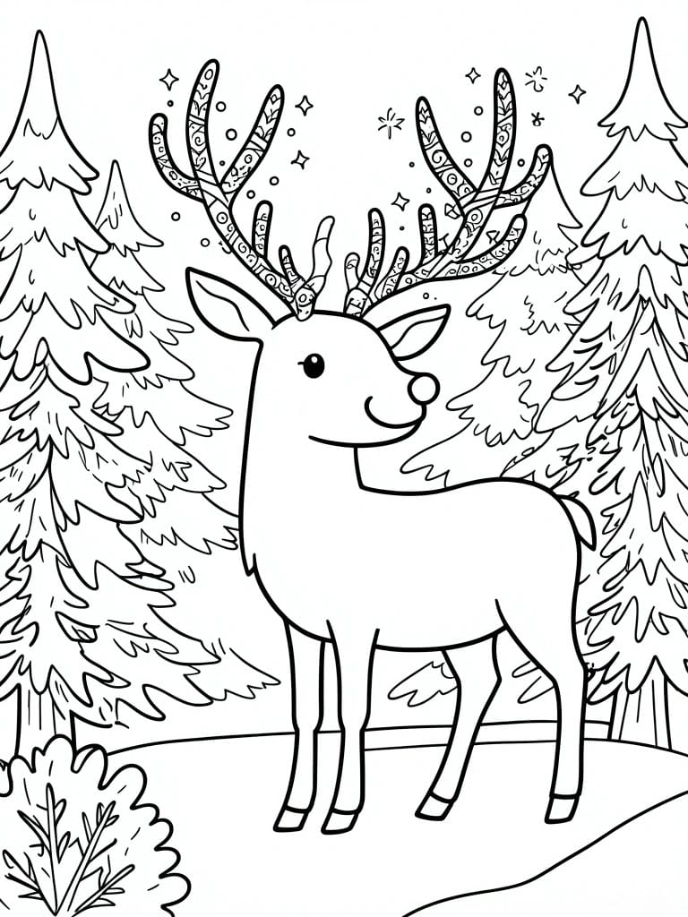 Coloring page of smiling reindeer with ornate antlers amid pine trees and stars