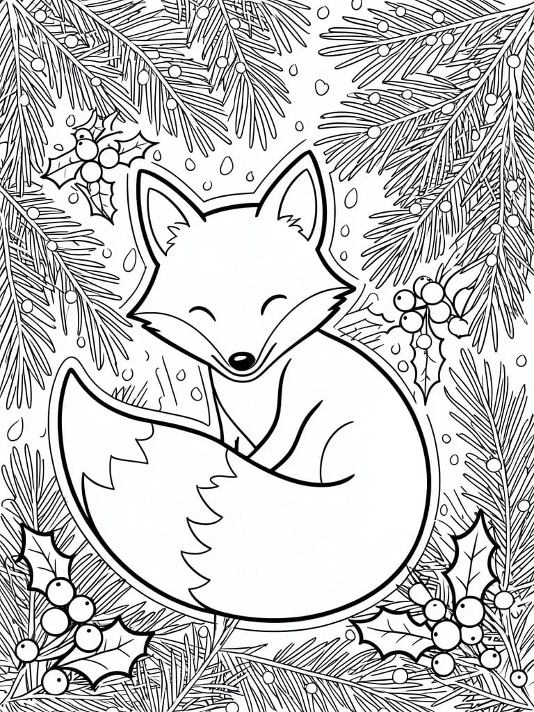Sleeping fox curled amid snowy pine branches and holly berries