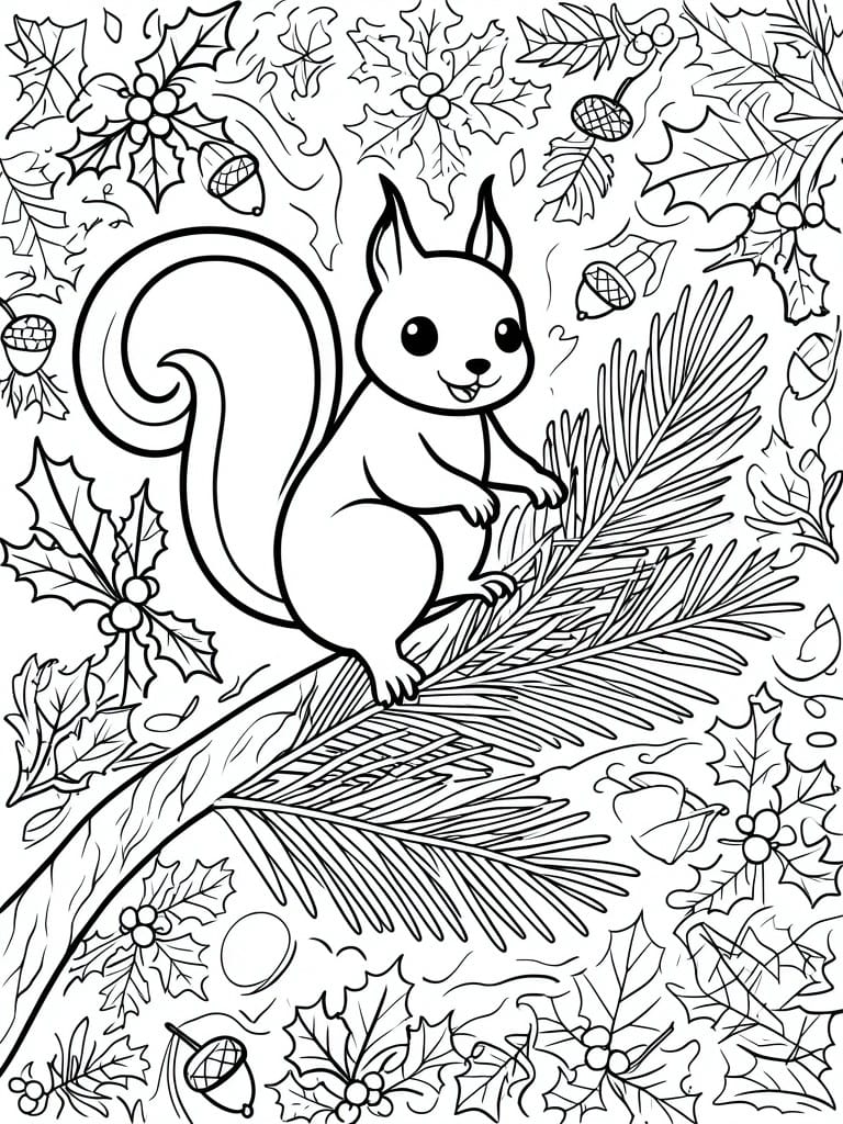 A black and white line drawing of a squirrel on a pine branch surrounded by holly, acorns, and leaves.
