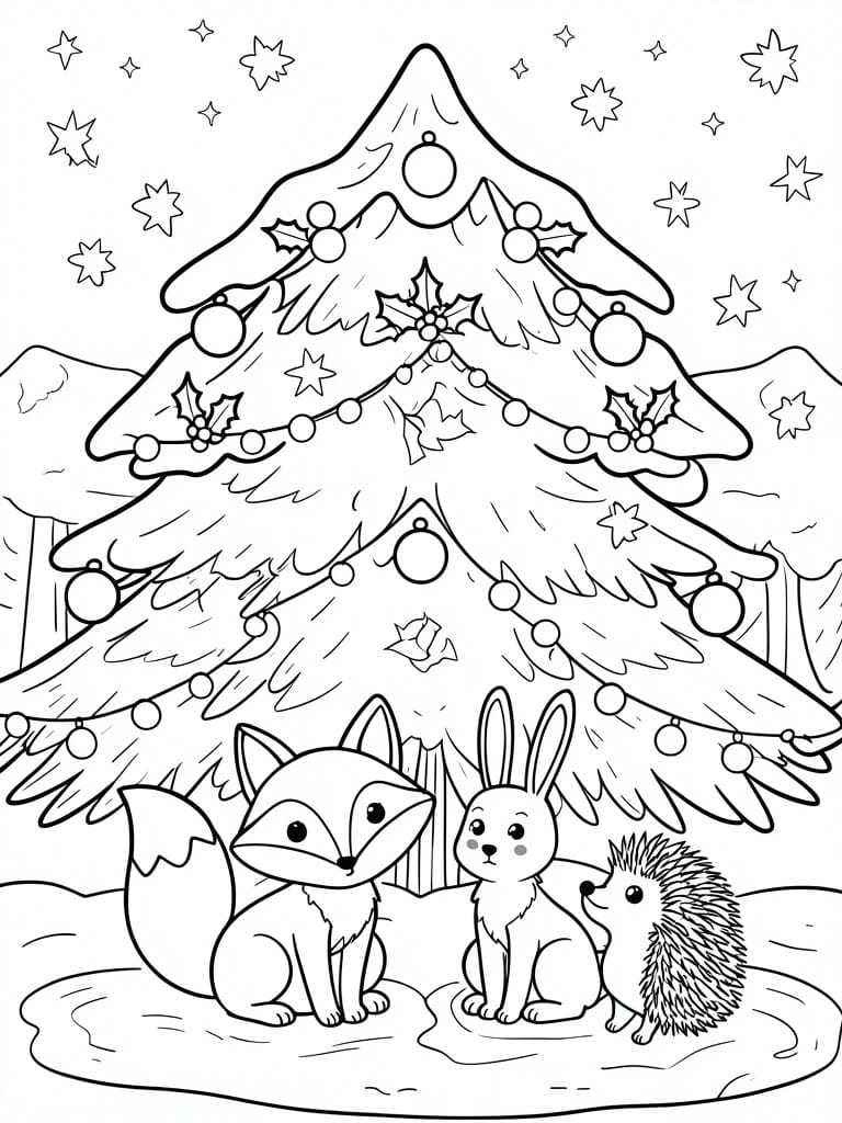 Coloring page of fox, rabbit, and hedgehog under a decorated Christmas tree.