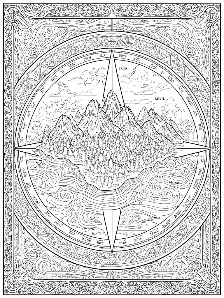 A black and white line art coloring page showing a compass rose centered on mountains and forests with rivers, directional labels, and decorative borders.