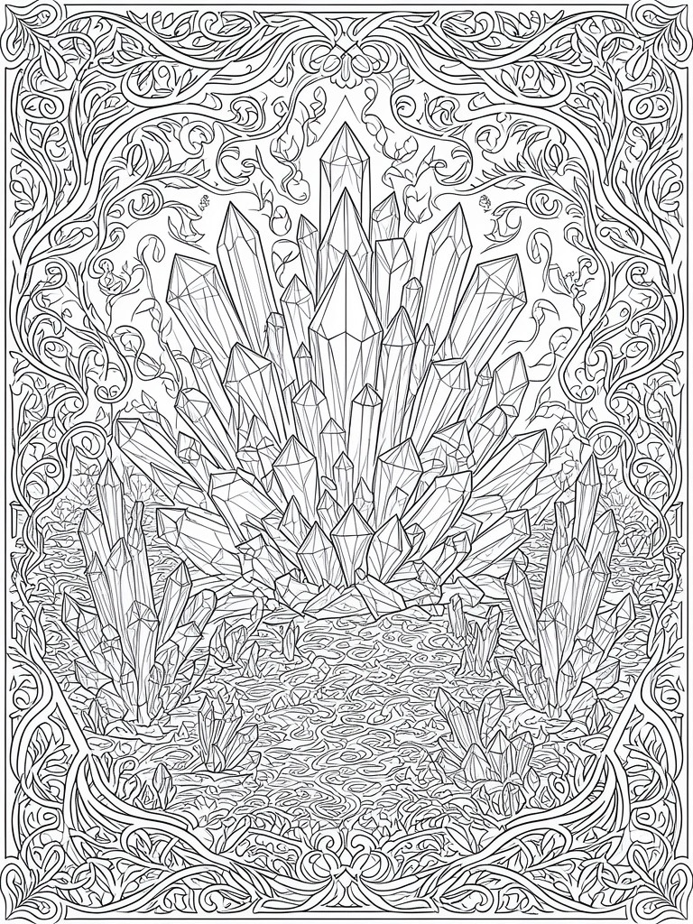 Intricate line drawing of crystal cluster with ornate swirling vine borders