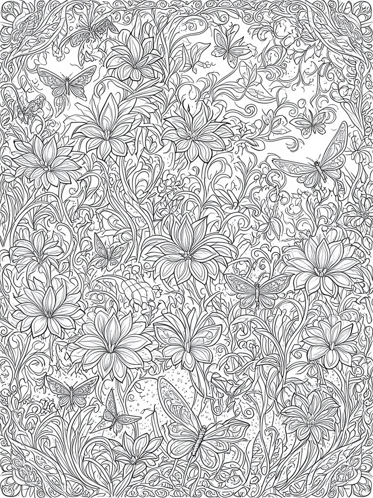 Black and white floral pattern with butterflies and swirling vines