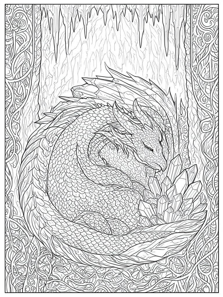 A black and white line drawing of a sleeping dragon coiled around crystals inside a cave with icicles overhead and decorative side borders.