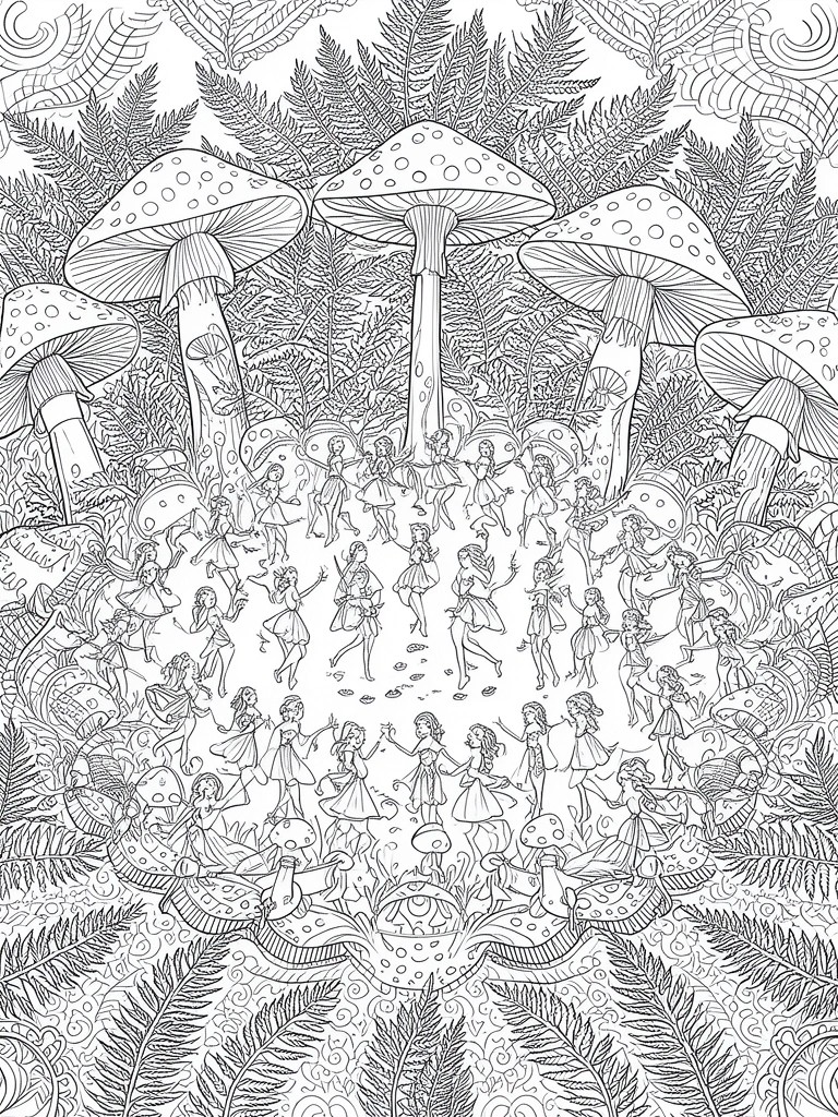 Intricate line art of fairies dancing among giant spotted mushrooms in a forest.