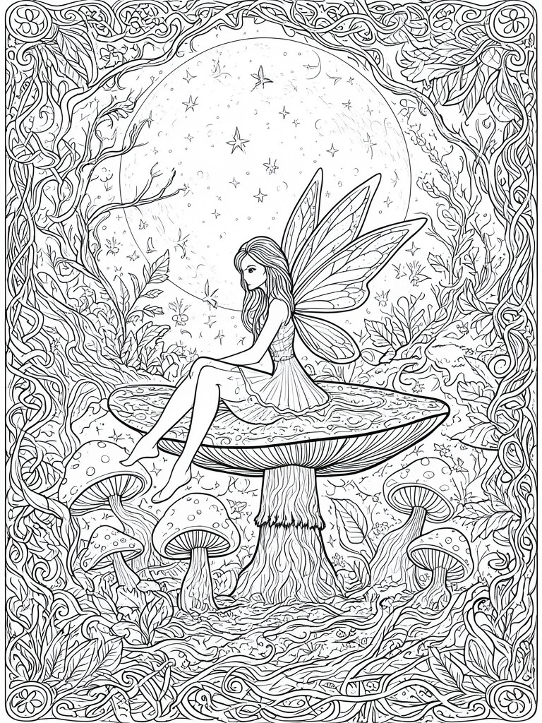 A black and white line drawing shows a winged fairy sitting on a large mushroom in a forest, with a full moon and stars above, smaller mushrooms below, and an ornate decorative border around the scene.
