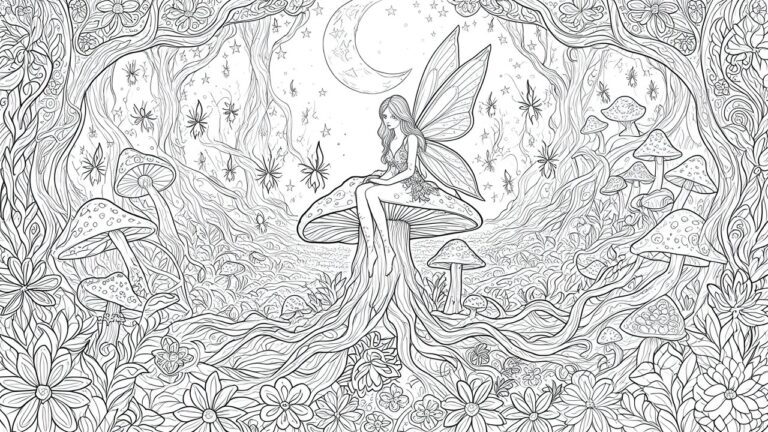 19 Magical Fantasy Coloring Pages for Escapist Evening Coloring A black and white line drawing shows a winged fairy sitting on a large mushroom in a forest, with a full moon and stars above, smaller mushrooms below, and an ornate decorative border around the scene.