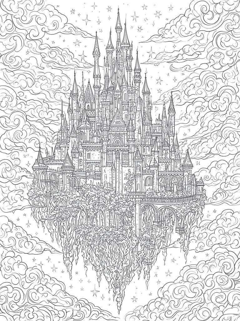 A black and white line drawing of a detailed fantasy castle on a floating island surrounded by clouds, stars, and hanging vines.