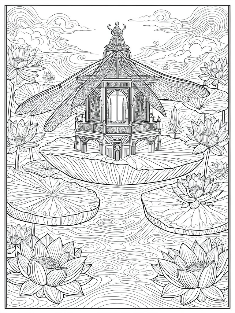 A black and white line drawing of an ornate pavilion on a giant lily pad surrounded by lotus flowers and rippling water.
