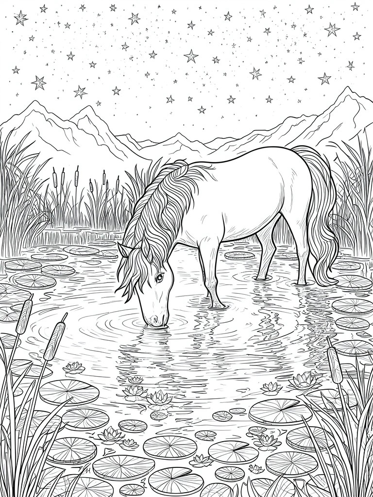 A black and white line drawing of a horse drinking from a pond filled with lily pads, with reeds, mountains, and a starry sky in the background.