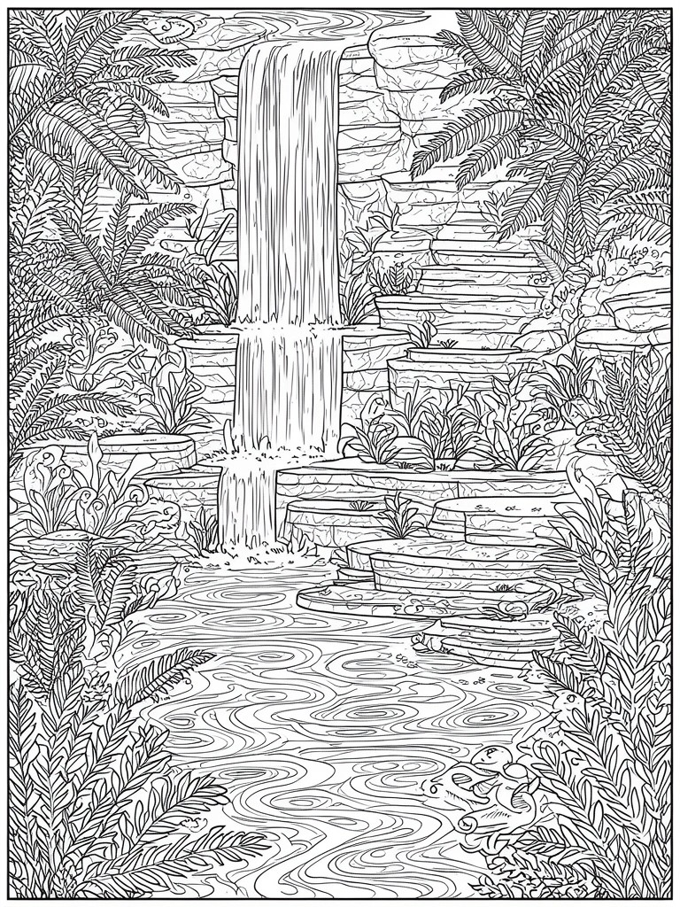 A black and white line drawing of a waterfall cascading over stone steps in a jungle with plants, a pond, and animals like a frog.