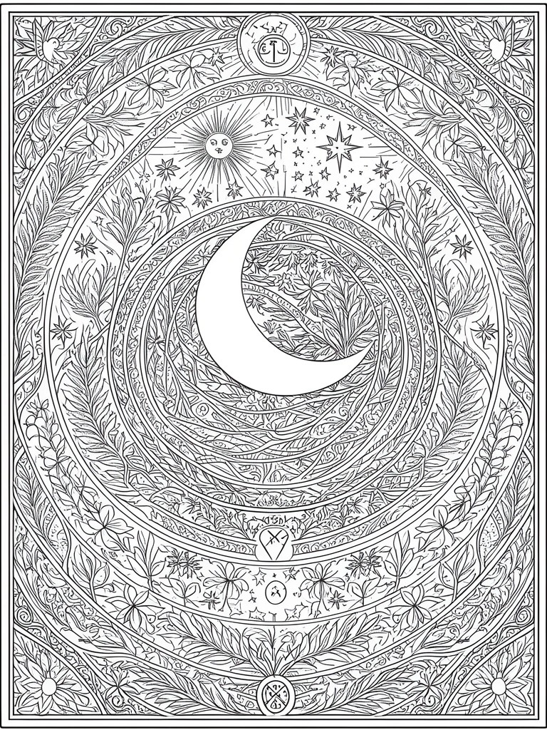 Concentric circular design with crescent moon, sun, stars, and floral vines in black and white.